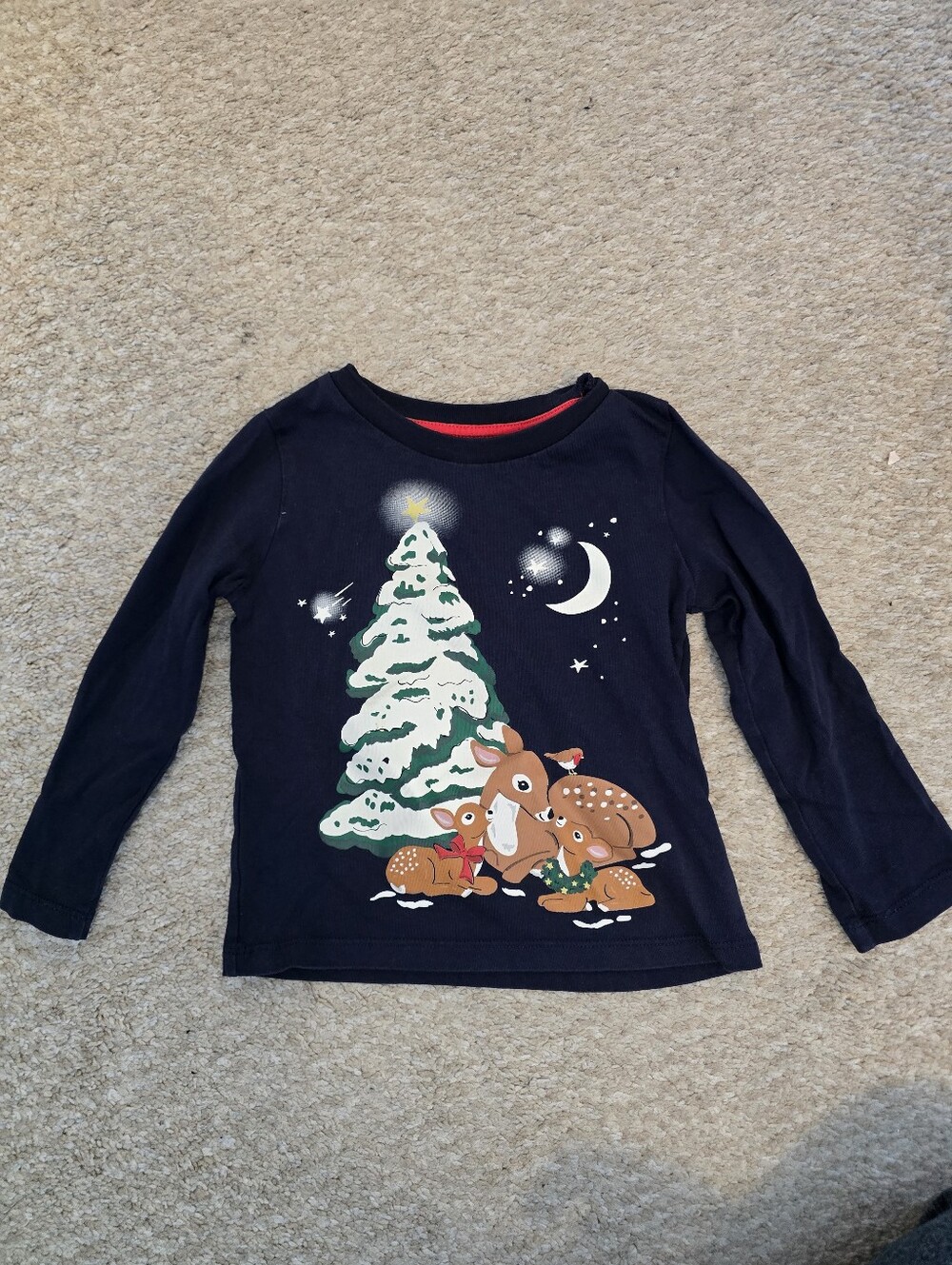 Mini Boden Navy Long-Sleeve Holiday Deer Graphic Tee Size 2-3